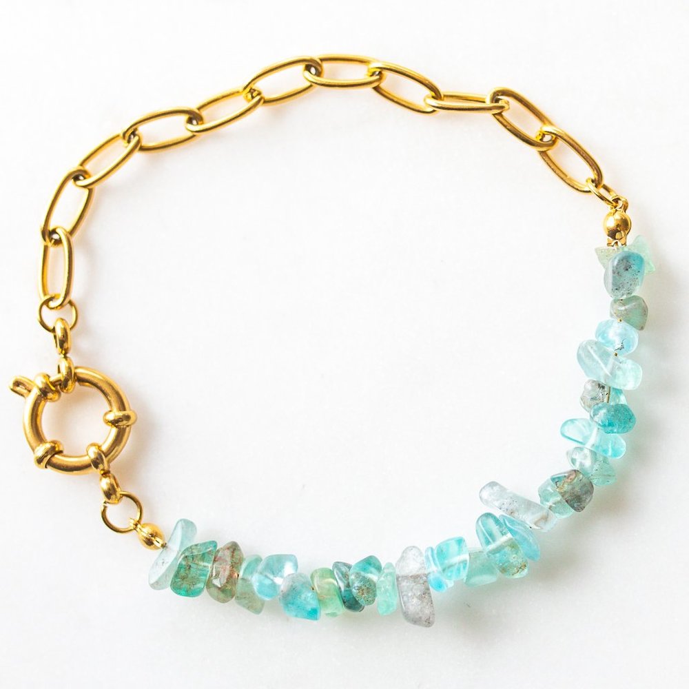 Apatite Statement Bracelet Gemstone Ocean Blue Apatite Chips Chunky Gold Chain